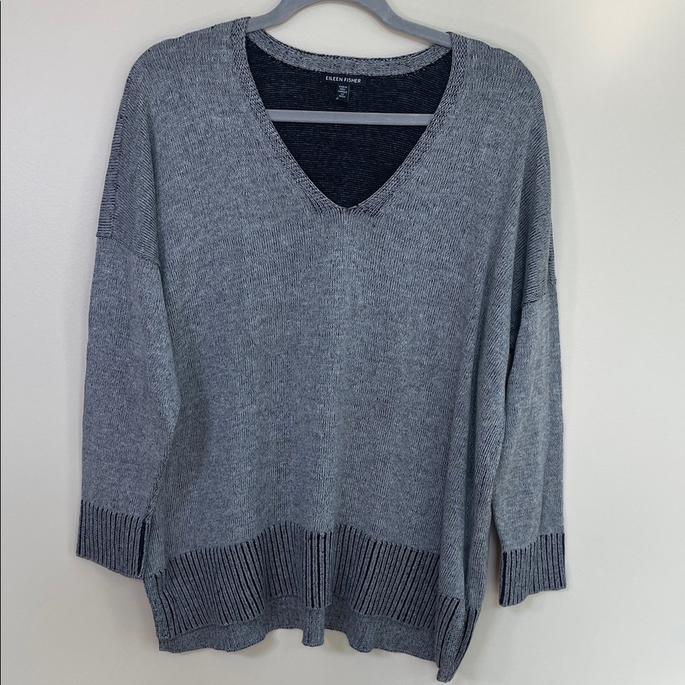 Organic Cotton and Tencel Eileen Fisher Charcoal V-Neck Sweater - Picture 2 of 5